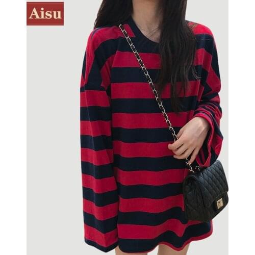 Harajuku Striped patchwork t shirt spring casual oversized long sleeve O-neck t-shirts female fashion student red top t-shirt