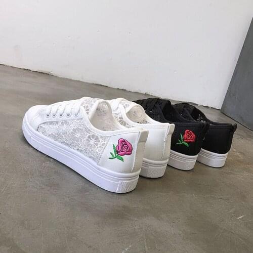 New Fashion Woman Sneakers Rose Embroidery Shoes Lace Up Platform Female Breathable Mesh Canvas Casual Shoe Ladies Flats
