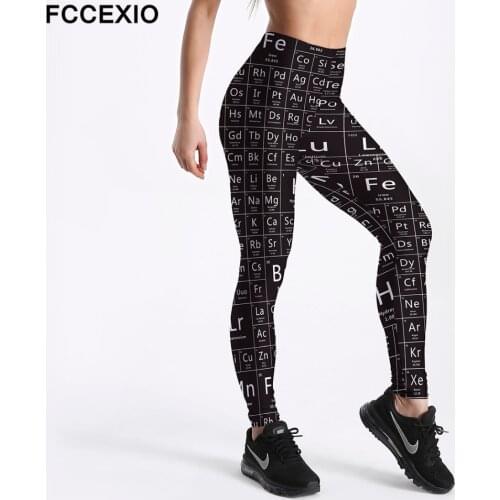 FCCEXIO Push Up High Waist Fitness Elastic Leggings 3D Periodic Table Printing Women Soft Slim Leggings Plus Size Black Pants