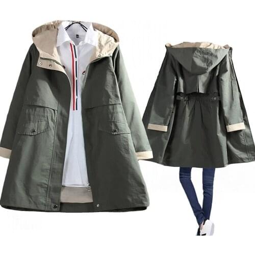Women Trench Windbreaker Mid-length Loose Coat Large Size Hooded Casual Jacket Zipper Design Female Spring Autumn Parkas Coat