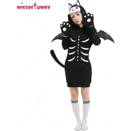Presale One Piece Bat Skeleton Cat Hooded Long Sleeve Pajama Nightwear Dress Kigurumi Outfits for Women Halloween Costume