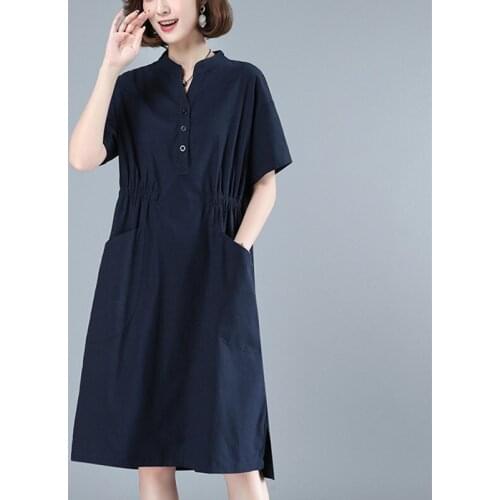 2021 New Arrival Short Sleeve Loose Summer Dress V-neck Button Pockets elegant Office Lady Work Dress Women Casual Midi Dress