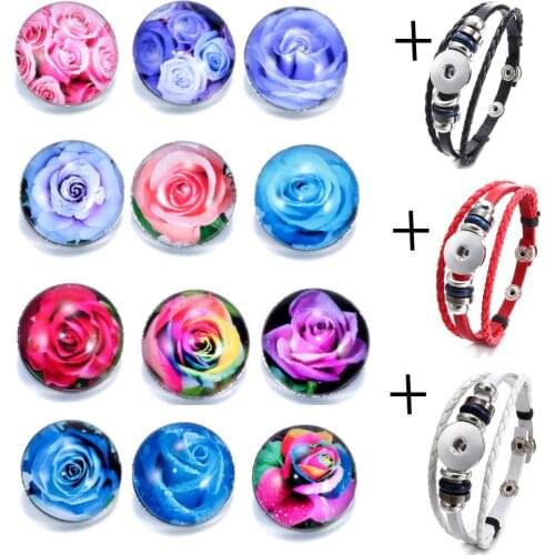 18mm 12pcs/lot Rose pattern Glass Snap Button Charms Snap Bracelet Snap Jewelry Women Gift With 3pcs Leather Bracelet
