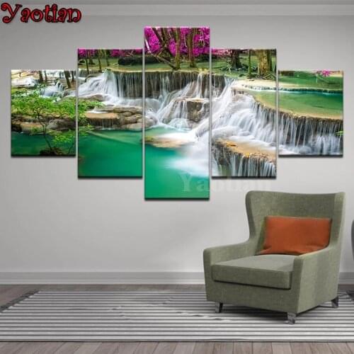 5 Panels diamond painting Waterfall landscape 3 d handmade,full diamond embroidery,5 d cross stitch set,mosaic diamond round