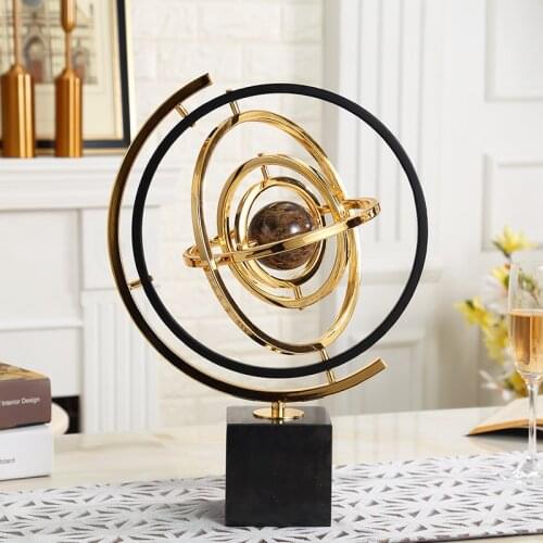 Home Decor Accessories Brown Marble Ball Enclosed In Metal Figurine Living Room Ornament Objects Office Marble Christmas Gift