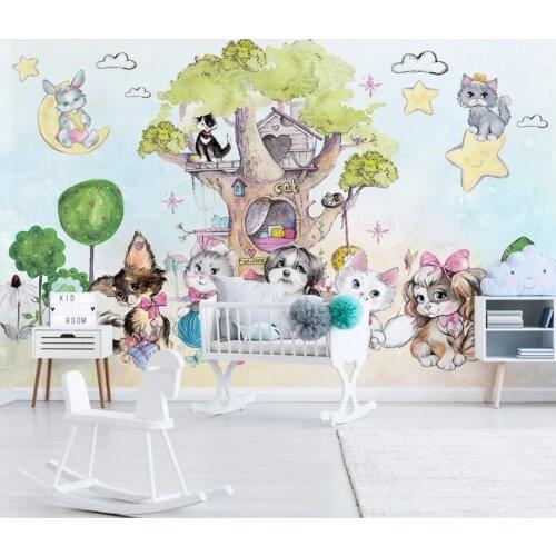 Modern simple cartoon hand-painted childrens room background wall of pet cat paradise 3D mural wallpaper