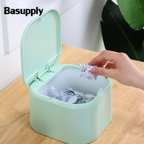 BASUPPLY 1Pc Cute Mini Trash Can Pressing Cover Container Garbage Rubbish Waste Bin Portable Office Desk Car Trash Bin