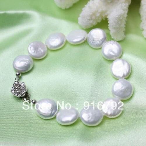 Free P&P >>>>> argent flower clasp 11-12mm FW coin pearl bracelet 8 inch