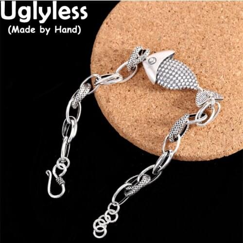 Uglyless Thai Silver Fish Bracelets for Women Exotic Animals Jewelry Real 925 Silver Chains Bracelets Handmade Fishes Jewelry