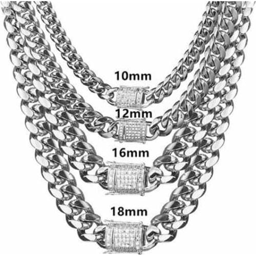 Hip hop 8/10/12/14mm Cuban Miami Chain Necklace Stainless steel Clasp Iced Out Silver Color Casting Chain Men Women Bracelet