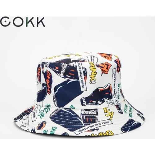 COKK Hip Hop Bucket Hat Women Mens Panama Cap Coke Bottle Pattern Double Sides Fisherman Hat Female Male Bucket Hats Kpop Korean