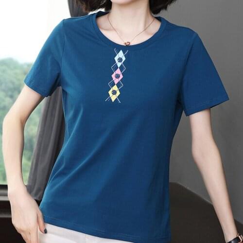 Shintimes Geometric Print T Shirt Women Button T-Shirt Summer Tops Soft Cotton Tshirts Female Plus Size Clothes Tee Shirt Femme