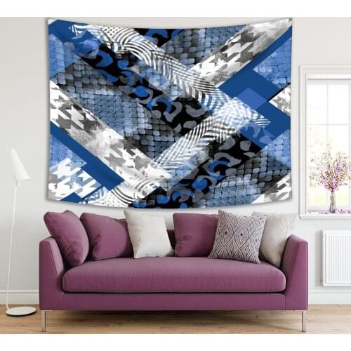 Tapestry Snakeskin Leopard Animal Prints in Geometric Pattern Patchwork Style Artwork Blue Black White