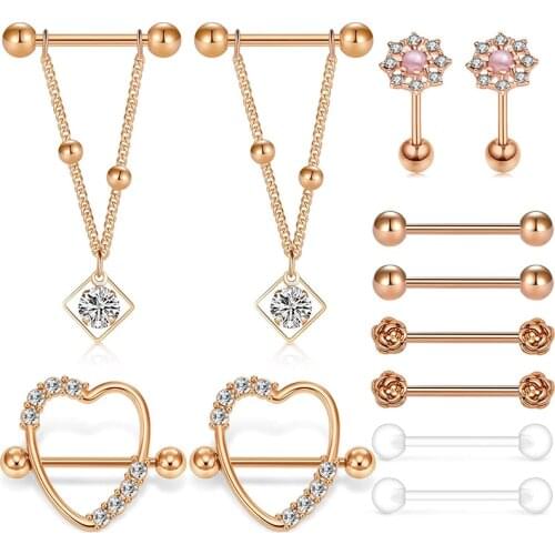 14G Nipple Rings Tongue Ring Heart Chain Dangle Nipplering Piercing Women Clear Tongue Nipple Barbell Retainer for Women Girls