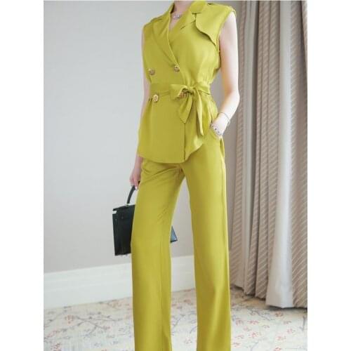 2 Piece Set 2021 Summer Slim Notched Sleeveless Shirt Trousers Suit Pants Outfit Female Office Clothes