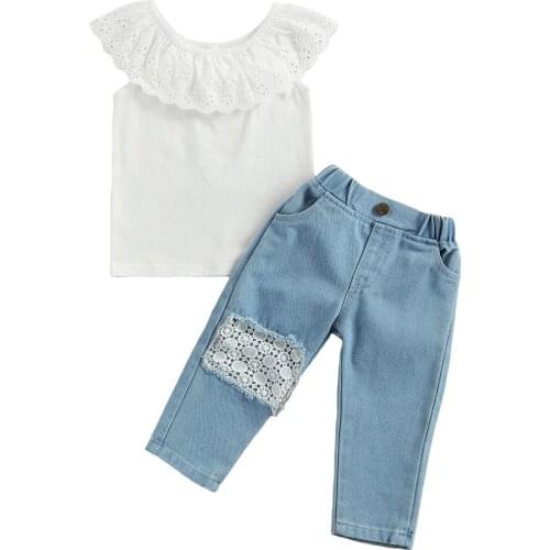 New Baby Girls Clothes Sets 2pcs Lace Ruffles Sleeve T Shirts Tops Blue Denim Pants Set