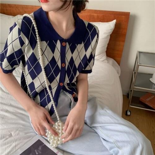 Early Autumn Short Cardigan Women Retro Argyle Sweater Cardigan Polo-Collar Short Sleeve Knitted Shirt Korean Loose Crop Top