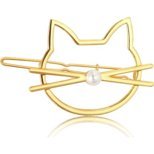 Cute Simulated Pearl Nose Kitty Cat Beard Hollow Golden Silver Plated Hair Clips and Pins Hairgrips Women Hair Accessories