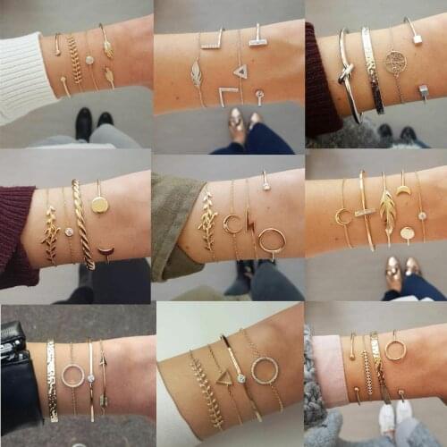 DIEZI 12 Style Classic Arrow Knot Round Crystal Multilayer Adjustable Open Bracelet Set Women Fashion Party Jewelry Vintage