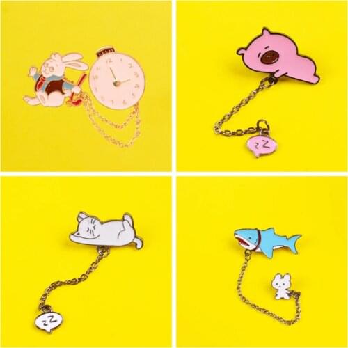 Chain Animals Series Set Decorative Pins Whale Cat Bunny Metal Badges On Clothes Accessories For Jewelry Gift Enamel Pin Brooch