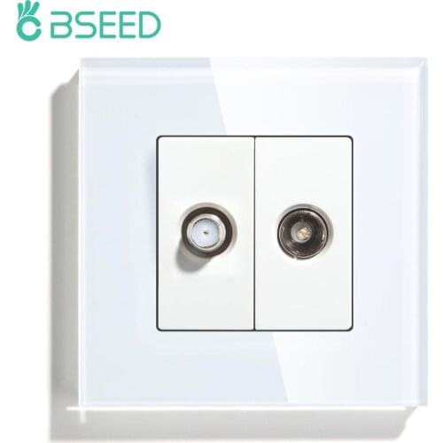 BSEED TV Power Sockets Satellite Wall Outlet EU Standard 86*86mm Crystal Glass Panel White Black Golden