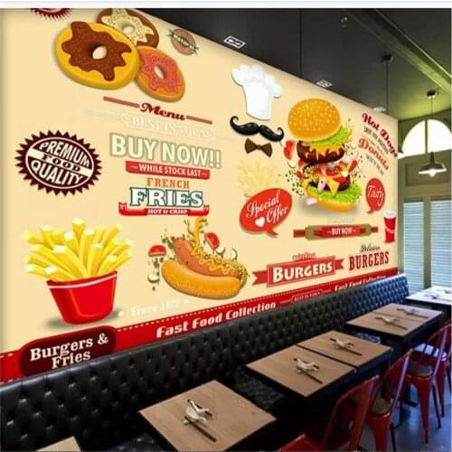 Custom wallpaper mural hand-painted burger fast food restaurant snack bar background wall - high-grade wall cloth