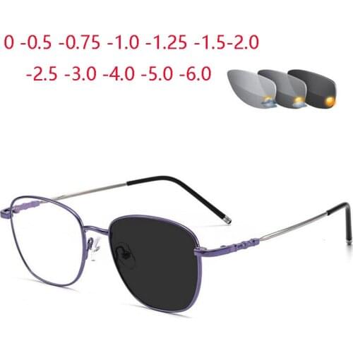 Retro Memory Full Frame Photochromic Finished Myopia Glasses Resin Lens Chameleon Prescription Spectacle 0 -0.5 -0.75 To -6.0