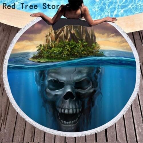 3D Printing Skull Microfiber Beach Towel 150cm Round Soft Swimming Bath Cover with Tassel Summer Vocation Picnic Pad Yoga Mat