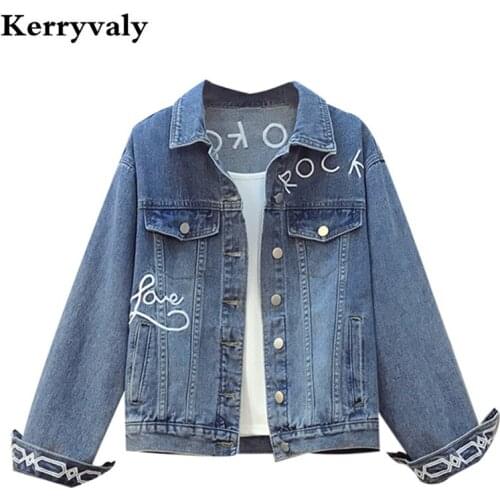 Spring 4XL Plus Size Loose Cowboy Letter Embroidery Cardigan Jeans Jacket Women Denim Long Sleeve Coat Ropa De Mujer K9260