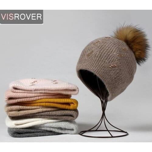 VISROVER 9 Colors Winter Beanies Solid Hats Real Fur Pompom Rabbit Cashmere Woman Skullies Warm Stone Cap Luxury Fashin Bonnet