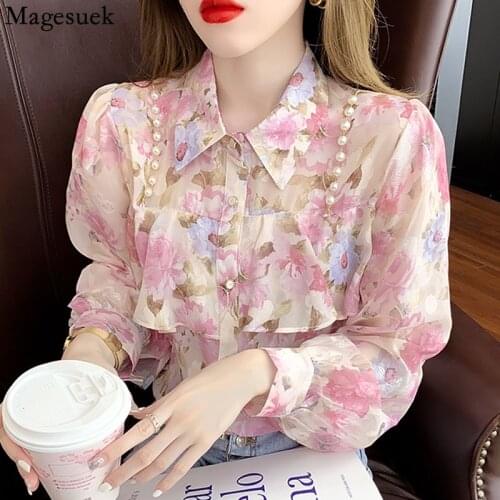 Fashion Floral Print Chiffon Shirt Ladies Long Sleeve Loose Stand Collar Blouse Women Spring Vintage Beading Shirt Blusas 15908