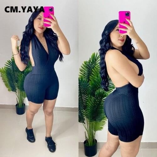 Lemon Gina Sexy Night Party Halter V-neck Backless Romper Skinny Waffle High Waist Sleeveless Playsuit Overalls