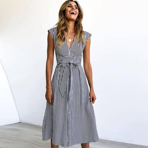 Womens Fashion Sleeveless Casual Button Striped Printed New 2021 Summer Sexy V Neck Slim Belt Dress Female Knee-Length Dresses