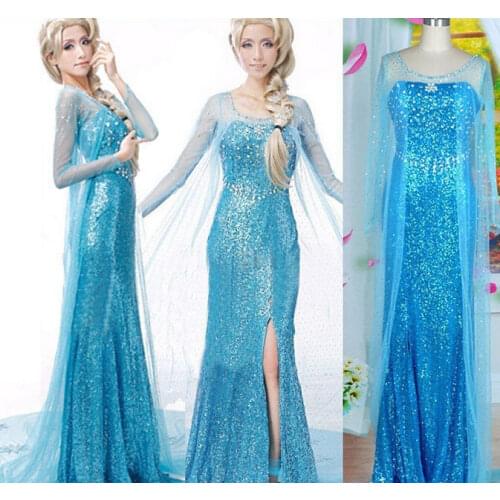 Hot Sales Elsa Queen Adult Women Dress Costume Cosplay Flowery Fancy Party Gown Dresses Vestido Blue Sexy Women Clothing