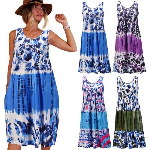 New style womens retro tank tops dress printed floral sleeveless sling dress plus size casual beach loose dresses