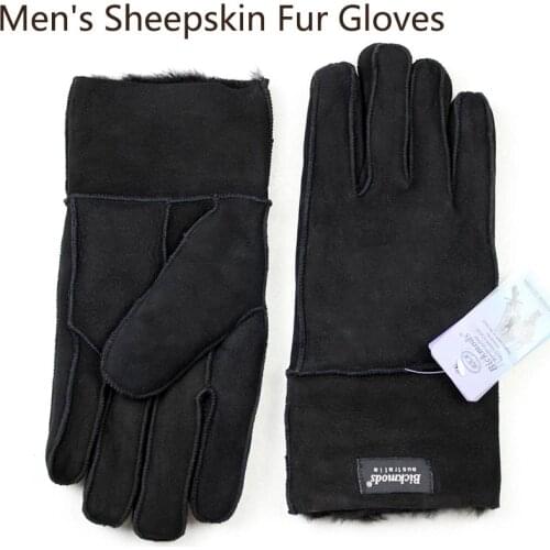 Winter Warm Sheepskin Fur Gloves Mens Thick Windproof Cold Leather Outdoor Cycling Sheep Leather Wool Stitching Style