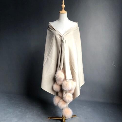 Winter Shawl For Women Pashmina Fashion Luxury Real Fox Fur Ball Sarve Solid Shawls And Wraps Warm 2021