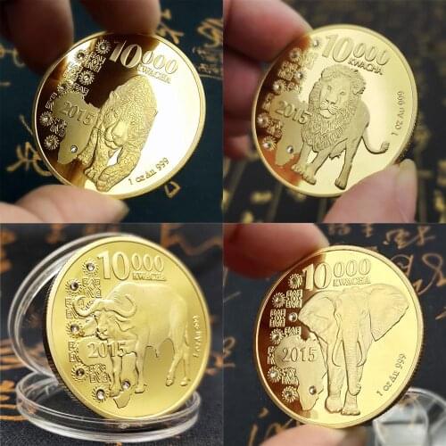 2015 Zambia 1oz.999 Animal Gold Coin Leopard Elephant Lion Buffalo 10000 Kwacha Gold Plated Replica Souvenirs Coins Collection