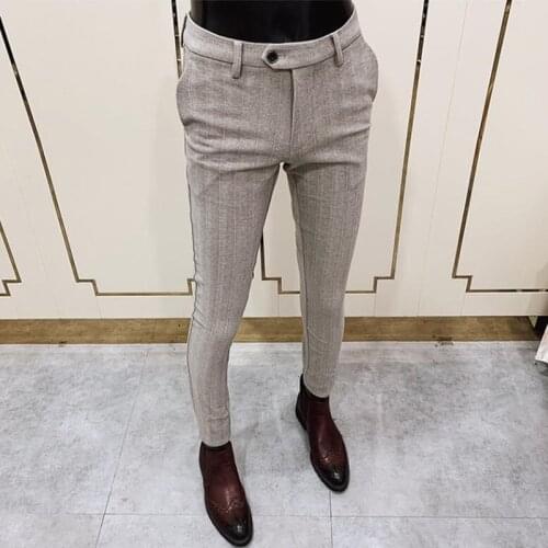 2021Autumn Winter Men Striped Dress Pants Woolen Warm Business Formal Social Suit Pants Casual Slim Fit Cigarette Trousers 28-38