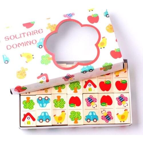 28Pcs Wooden Domino Blocks Fruit Animal Recognize Toys Educational Jigsaw Childrens Montessori Building Blocks Learning Toy Set