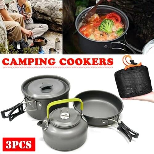 3Pcs 2-3 Person Outdoor Camping Cookware Set Aluminum Camp Cooking Supplies Portable Cooking Pot Frying Pan Kettle Tableware