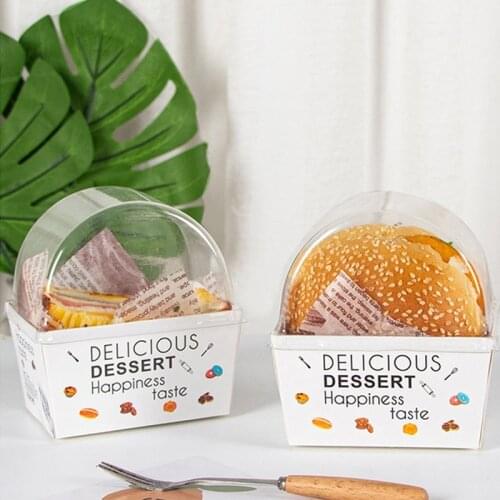 50pcs Sandwich Wrapping Box Thick Egg Toast Bread Burger Breakfast Packaging Box Paper Tray Plastic Lid