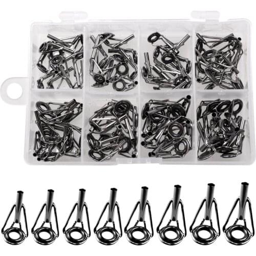 80Pcs Fishing Rod Guides Tip Top Set Parts Black Stainless Fishing Repair Guides DIY Kits Tackle Tools