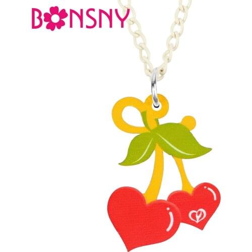 BONSNY Valentines Day Acrylic Red Love Heart Cherry Necklace Pendants Fashion Novelty Jewelry For Women Girls Teens Gifts