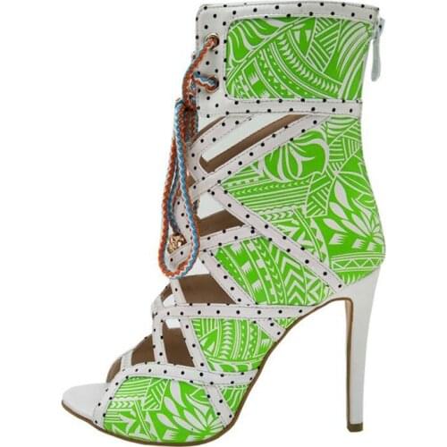 Summer Peep toe Fresh Plants Printed Leather Sandals Boots Women Gladiator Geometric Cut out Botte High Heels Lace up Bottines