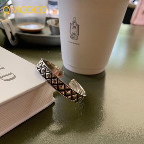 QMCOCO Hip-Hop Punk 925 Sterling Silver Bracelet New Trendy Creative Rhombus Pattern Thai Silver Jewelry Party Gifts For Woman