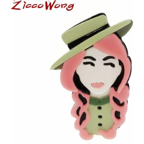 ZiccoWong Cartoon Acrylic Green Hat Girl Brooch Pins For Women Girl Lovely Long Pink Hair Lady Badge Brooch Dress Jewelry Gift