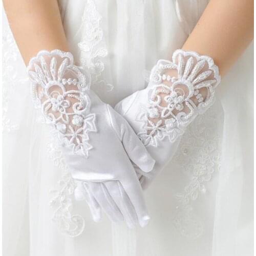 Kids Gift White Elastic Mesh Cloth Girls Party Formal Etiquette Gloves Pearl Short Lace Bow Children Princess Dance Gloves G79