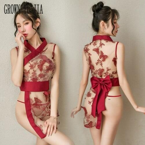 Eroticas Japanese Girl Perspective Gauze Kimono Dress Roleplay Sexy Skirt for Sex Naughty Lingerie Erotic Transparent Cheongsam