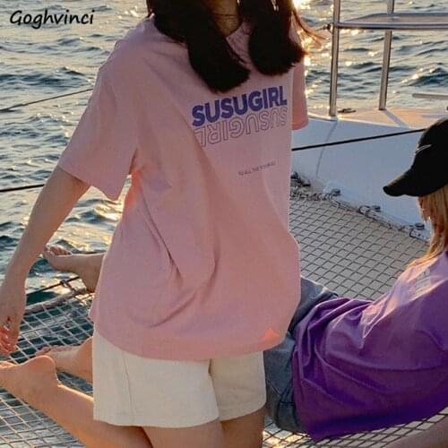 Korean Style Cotton T-shirts Women Short Sleeve O-neck Letter Tees Sweet Girls Loose Ins Basic Friends Cute Tops Preppy Trendy